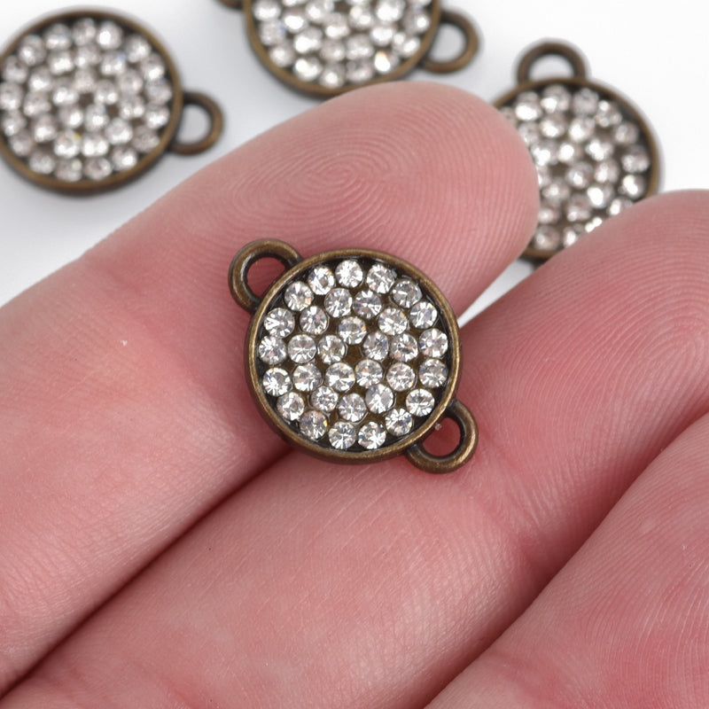 4 Bronze  Rhinestone Drop Charms, 2-hole connector links, 13mm round coin charm rhinestones embedded in center, chs3625