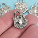 4 Silver Rhinestone Lock Charms, clear rhinestones embedded, 22x17mm, chs3626
