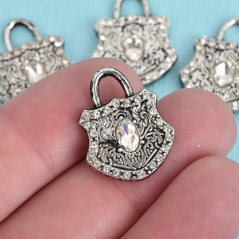 4 Silver Rhinestone Lock Charms, clear rhinestones embedded, 22x17mm, chs3626