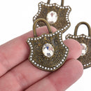 2 Large Bronze Rhinestone Lock Charms, clear rhinestones embedded, 40x30mm, chs3627