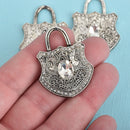 2 Large Silver Rhinestone Lock Charms, clear rhinestones embedded, 40x30mm, chs3629
