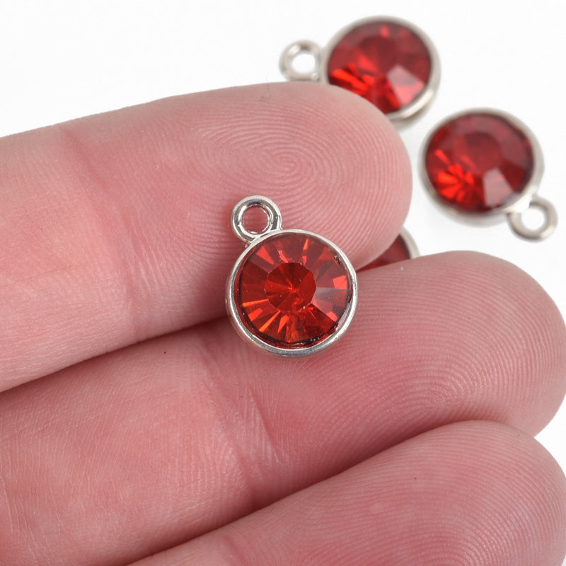 5 DARK RED Drop Charms, 10mm Stainless Steel and Rhinestone Crystal Dot Charms, chs3630