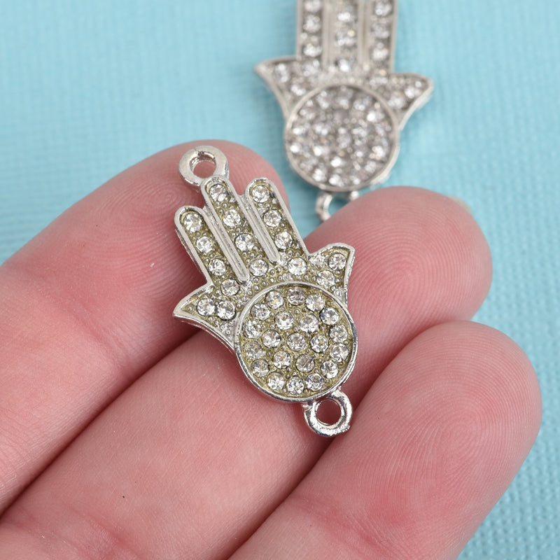 2 Rhinestone Bright SILVER HAMSA HAND Connector Link Charms chs3634