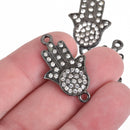 2 Gunmetal HAMSA Hand Charms, Rhinestone Black Connector Link Charms, 32mm, chs3636