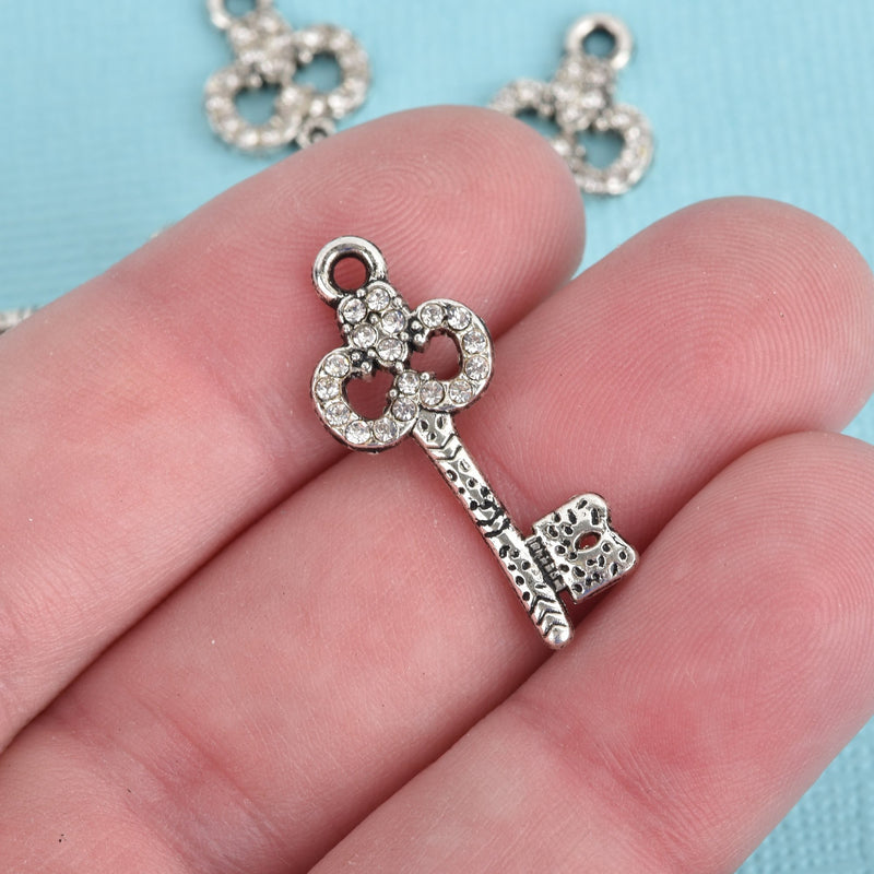 4 Silver Rhinestone Key Charms, clear rhinestones embedded, 27x11mm, chs3642