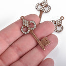 4 Copper Rhinestone Key Charms, clear rhinestones embedded, 45x18mm, chs3643