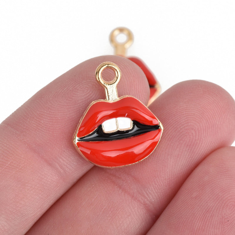 10 RED LIPS Charms, Gold Kiss Charms, Enamel Valentine's Day Charms, 19mm, chs3650