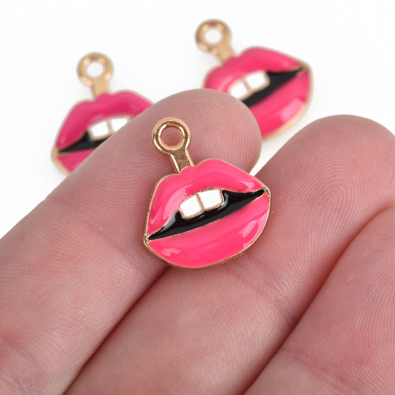 10 PINK LIPS Charms, Gold Kiss Charms, Enamel Valentine's Day Charms, 19mm, chs3651