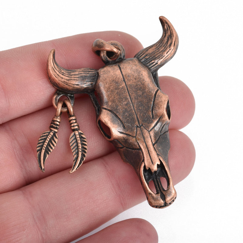 2 Copper Longhorn COW SKULL Charms or Pendants, Bull Steer Skull Pendant with Feather Earring, 54x40mm, chs3652