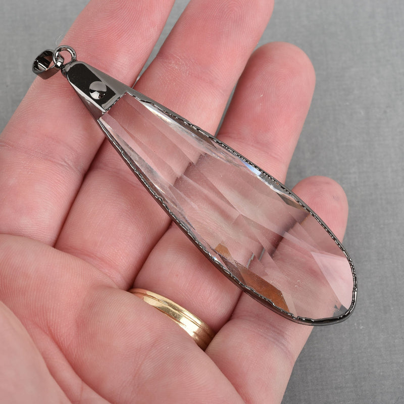 1 Crystal Teardrop Drop Pendant, Clear Glass CRYSTAL, Faceted, Gunmetal Bail, 3.5" long, chs3654