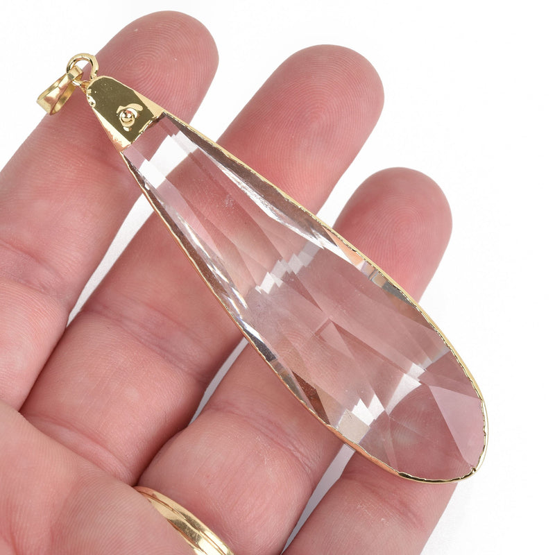 1 Crystal Teardrop Drop Pendant, Clear Glass CRYSTAL, Faceted, Gold Bail, 3.5" long, chs3655