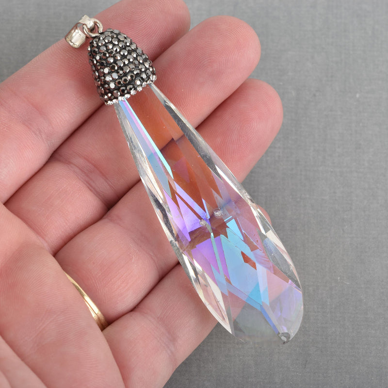 1 Crystal Teardrop Drop Pendant, Clear AB Glass CRYSTAL with rhinestone pave' bead cap, Faceted, Silver Bail, 3.5" long, chs3656
