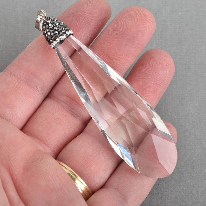 1 Crystal Teardrop Drop Pendant, Clear Glass CRYSTAL with rhinestone pave' bead cap, Faceted, Silver Bail, 3.5" long, chs3658