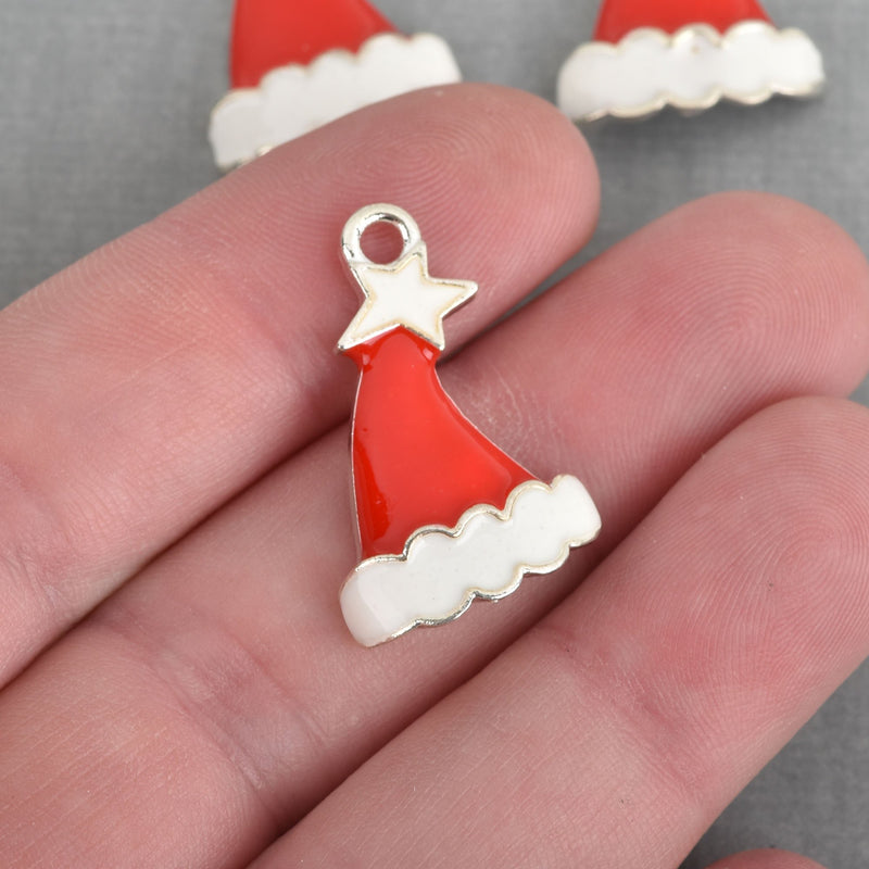 5 Silver SANTA HAT Charms, Red and White Enamel, 26mm, chs3661