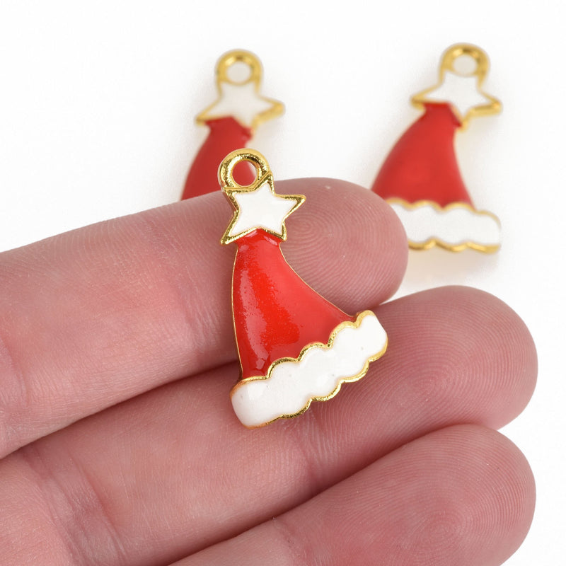 5 Gold SANTA HAT Charms, Red and White Enamel, 26mm, chs3663