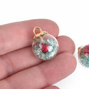 5 Glass Ball Charms, BLUE GREEN Crystals and hot pink dried flower, round globe glass vial, gold bail top, 22x16mm, chs3672