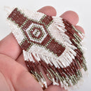 1 Beaded Fringe Tassel Pendant, Miyuki Delica Seed Beads, maroon red, white, gray, 4.75" long, chs3675