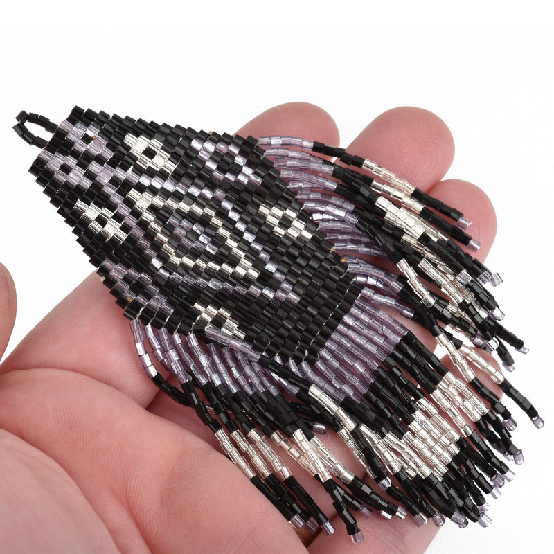 1 Beaded Fringe Tassel Pendant, Miyuki Delica Seed Beads, Chevron Design, purple silver black, 4.75" long, chs3676