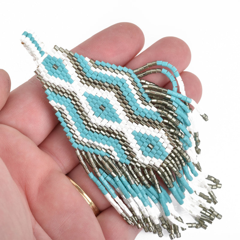 1 Beaded Fringe Tassel Pendant, Miyuki Delica Seed Beads, Chevron Design, Blue Gunmetal White, 4.75" long, chs3677