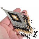 1 Beaded Fringe Tassel Pendant, Miyuki Delica Seed Beads, Chevron Design, Gray black gold white, 4.75" long, chs3678
