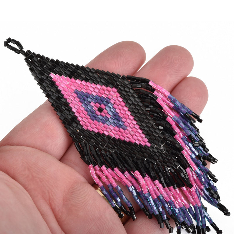 1 Beaded Fringe Tassel Pendant, Miyuki Delica Seed Beads, Chevron Design, Pink purple black, 4.75" long, chs3679
