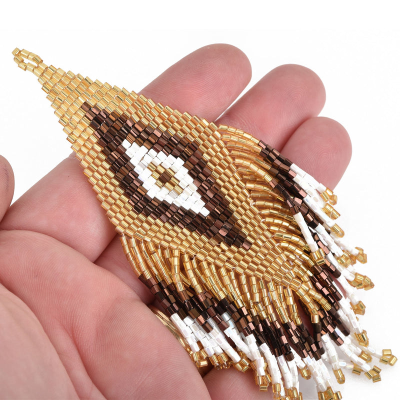 1 Beaded Fringe Tassel Pendant, Miyuki Delica Seed Beads, Chevron Design, bronze gold white, 4.75" long, chs3680