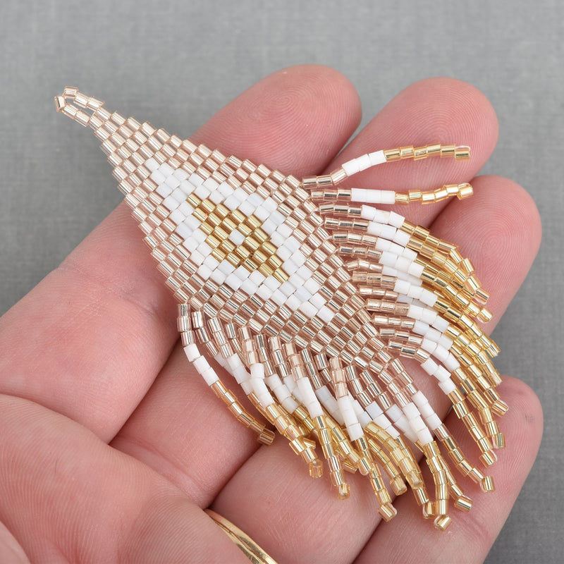 1 Beaded Fringe Tassel Pendant, Miyuki Delica Seed Beads, Chevron Diamond Design, gold beige white, 3.5" long, chs3681