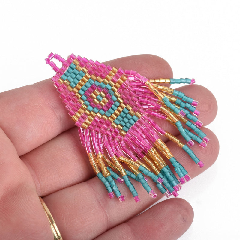 1 Beaded Fringe Tassel Pendant, Miyuki Delica Seed Beads, Southwest Design, pink, blue, gold, 2-5/8" long, chs3682
