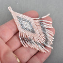 1 Beaded Fringe Tassel Pendant, Miyuki Delica Seed Beads, Chevron Diamond Design, pink gray white, 3.5" long, chs3683