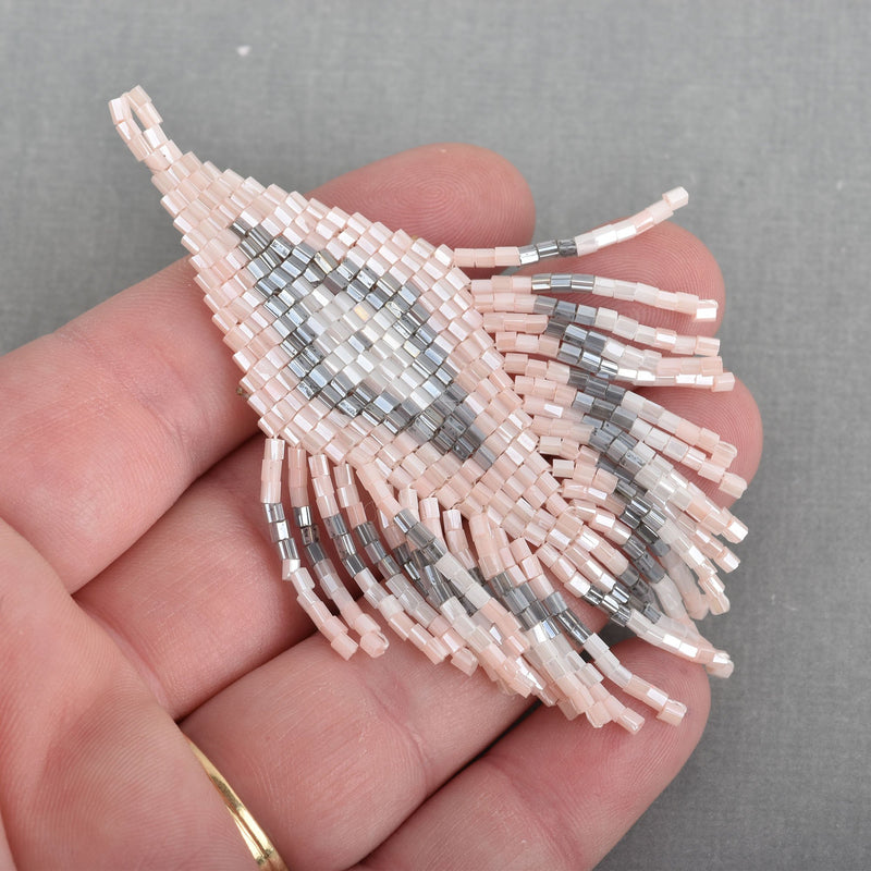 1 Beaded Fringe Tassel Pendant, Miyuki Delica Seed Beads, Chevron Diamond Design, pink gray white, 3.5" long, chs3683