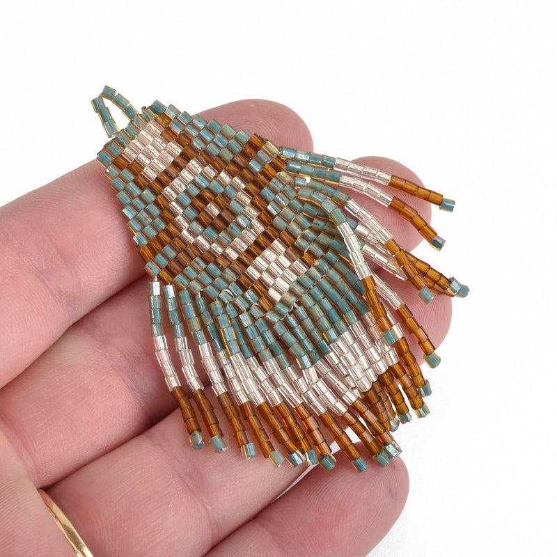 1 Beaded Fringe Tassel Pendant, Miyuki Delica Seed Beads, Chevron Diamond Design, sage green silver bronze, 2-5/8" long, chs3684