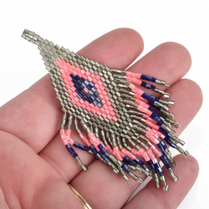 1 Beaded Fringe Tassel Pendant, Miyuki Delica Seed Beads, Chevron Diamond Design, pink gray blue, 3.5" long, chs3685