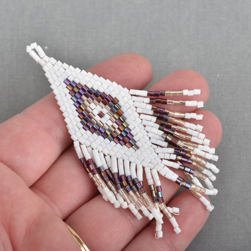 1 Beaded Fringe Tassel Pendant, Miyuki Delica Seed Beads, Chevron Diamond Design, white purple iris light gold, 3.5" long, chs3686