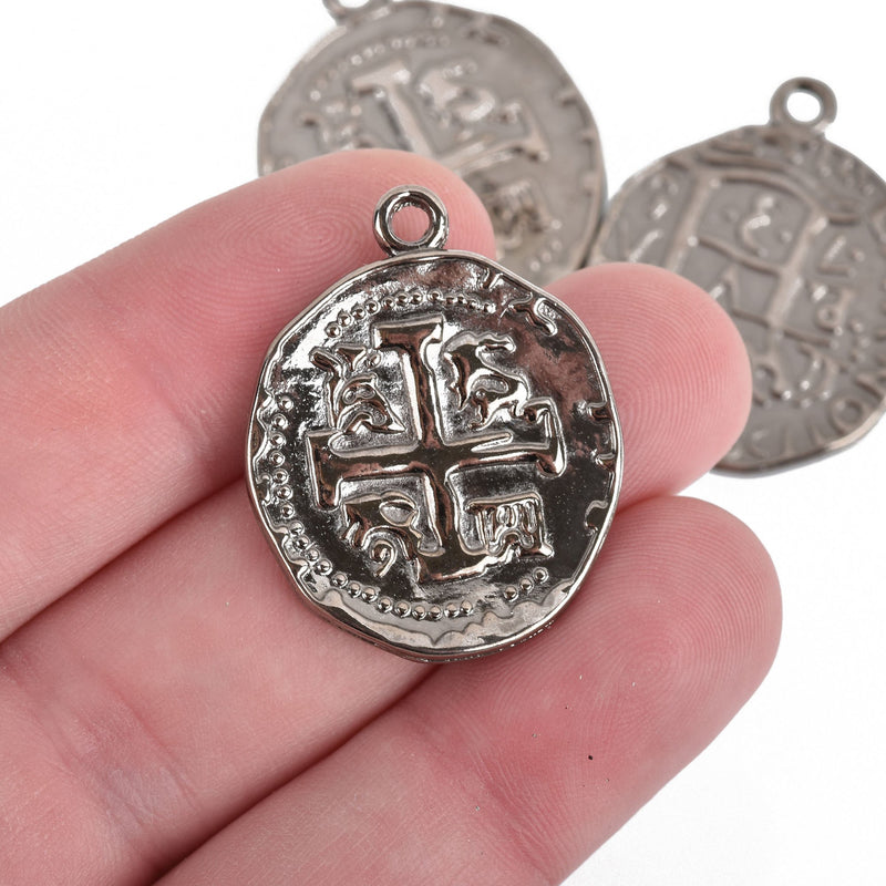 5 Gunmetal Black Coin Relic Charm Pendants, round coin charms, double sided design, 30x25mm, chs3689
