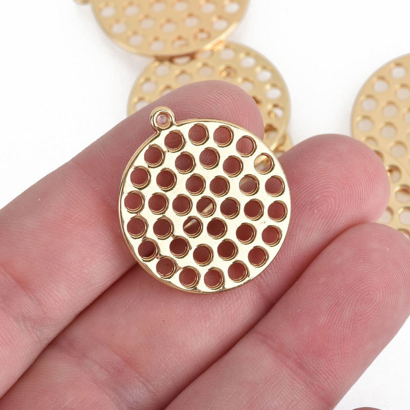 10 Gold Round Charms, Flat Gold Plated Perforated Metal, 1", chs3698