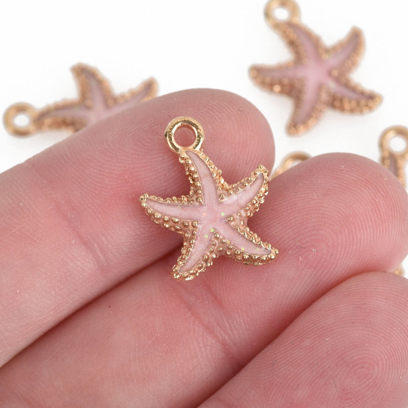 10 Pink Starfish Charms, Gold Plated with Enamel Beach Charms, 18mm, chs3699