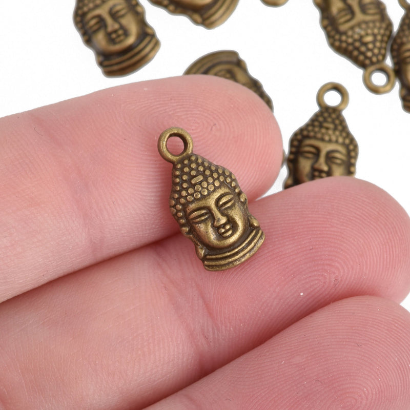 50 BUDDHA HEAD charm pendants, bronze metal, religious icon, 16mm, bulk chs3700b