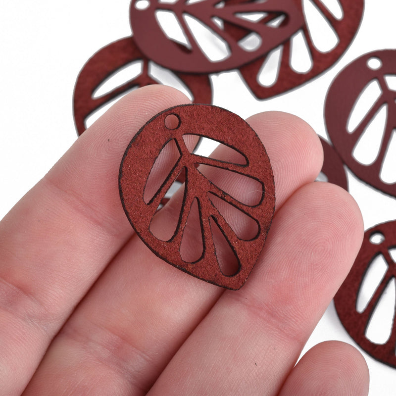 10 DARK RED Faux Leather Charms, Filigree LEAF, vegan leather, 1-1/4" long, chs3703