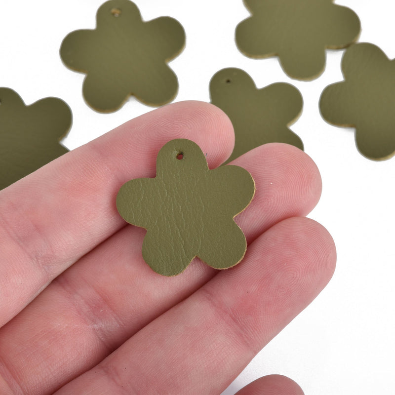 10 OLIVE GREEN Faux Leather Charms, Flower, vegan leather, 1" wide, chs3704
