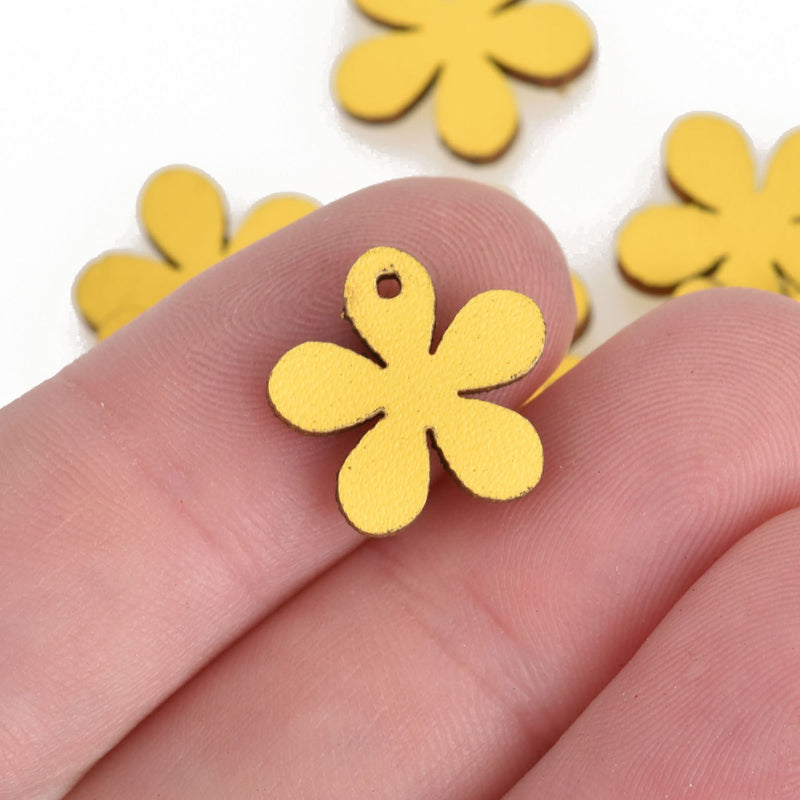 10 YELLOW Faux Leather Charms, Flower, vegan leather, 15mm wide, chs3706