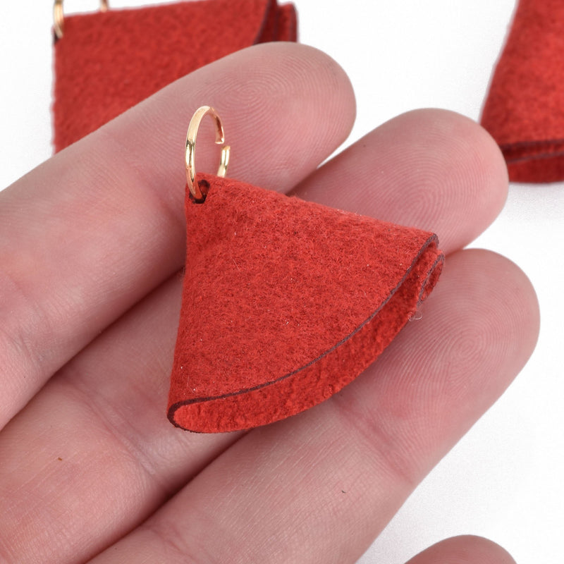10 RED Felt Tassel Charms, Faux Leather Charm Pendants, gold jump ring, 1-3/8" long, chs3707