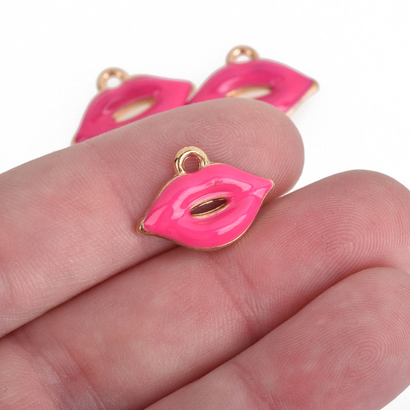 10 PINK LIPS Charms, Gold Kiss Charms, Enamel Valentine's Day Charms, 19mm, chs3709