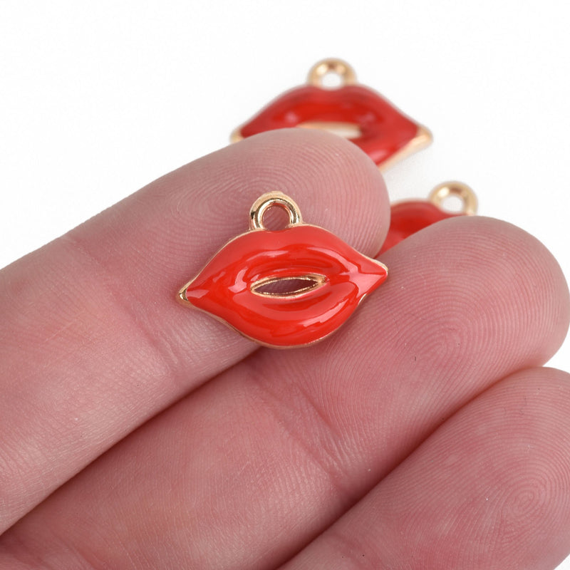 10 RED LIPS Charms, Gold Kiss Charms, Enamel Valentine's Day Charms, 19mm, chs3710