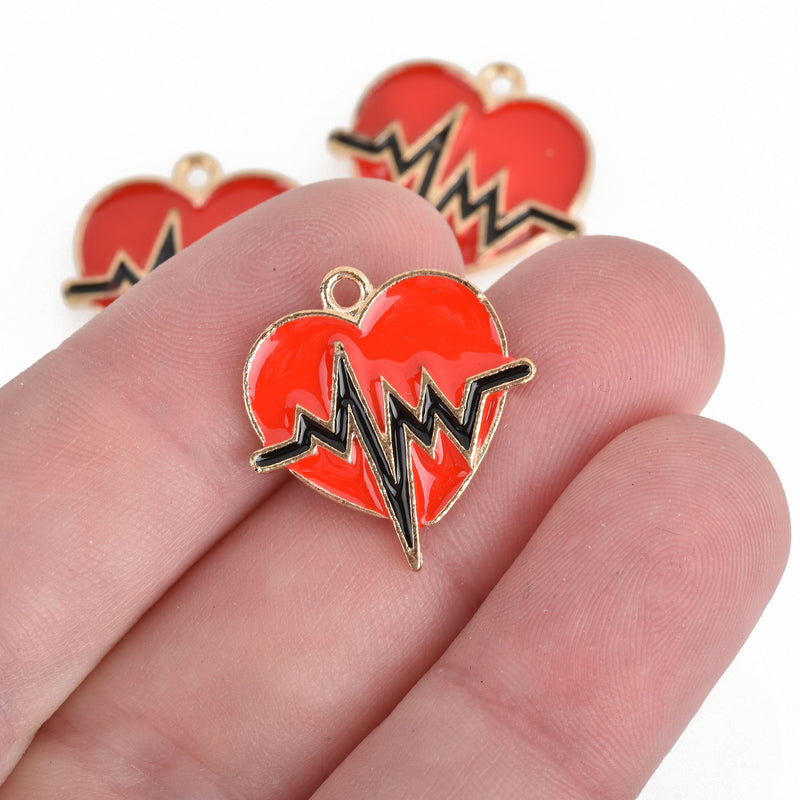 10 RED HEARTBEAT Charms, Gold ECG Charms, Enamel Valentine's Day Charms, 21mm, chs3711