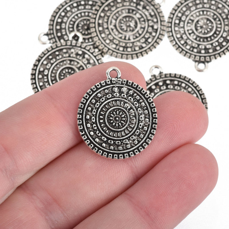 10 Silver MANDALA Charms, Silver ox round pewter, 25mm, chs3712