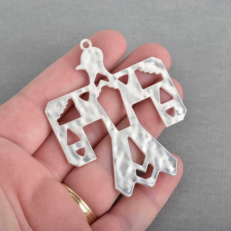 2 Matte Silver THUNDERBIRD Pendants, Southwest Style Pendant Charms, 2.5" long, chs3717