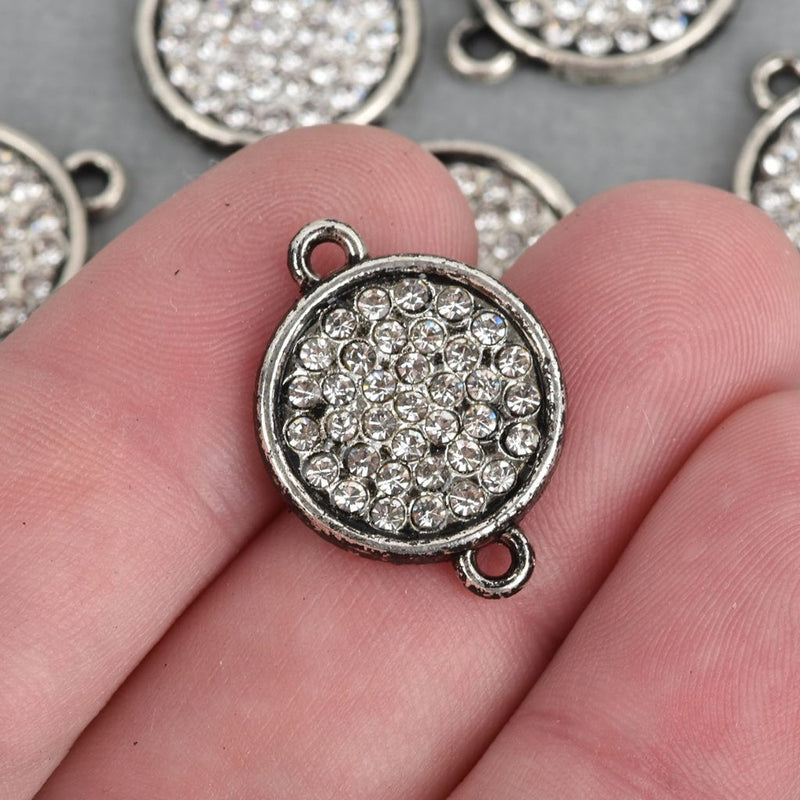 4 Silver Rhinestone Drop Charms, 2-hole connector links, 16mm round coin charm rhinestones embedded in center, chs3719