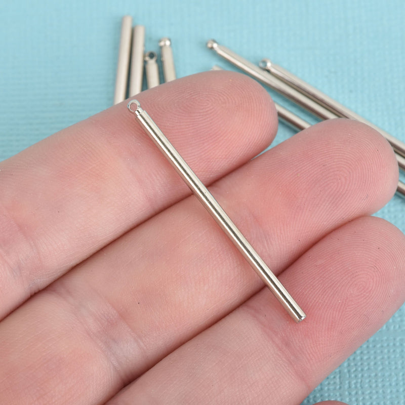 10 Silver Stick Charms, Skinny Silver Bar Charm Pendants, Cylinder Bar Pendants, 40x2mm (1-5/8" long), chs3721