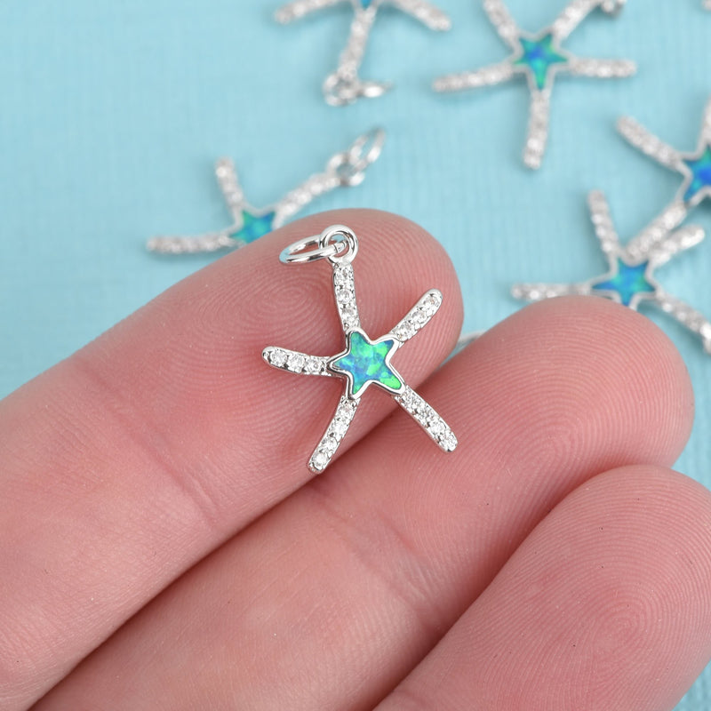 1 Silver STARFISH Charm, faux opal and micro pave cubic zirconia, platinum plated, 17mm, chs3727