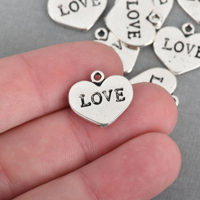10 Silver LOVE HEART Charms, Stamped Word LOVE Heart Tags, 17mm, chs3729